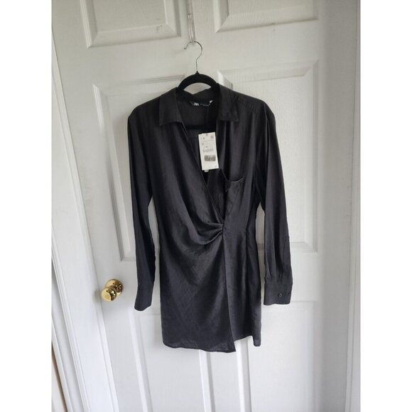 NWT. Zara Black Wrap Mini Dress with V-neckline. Size M - Picture 1 of 7